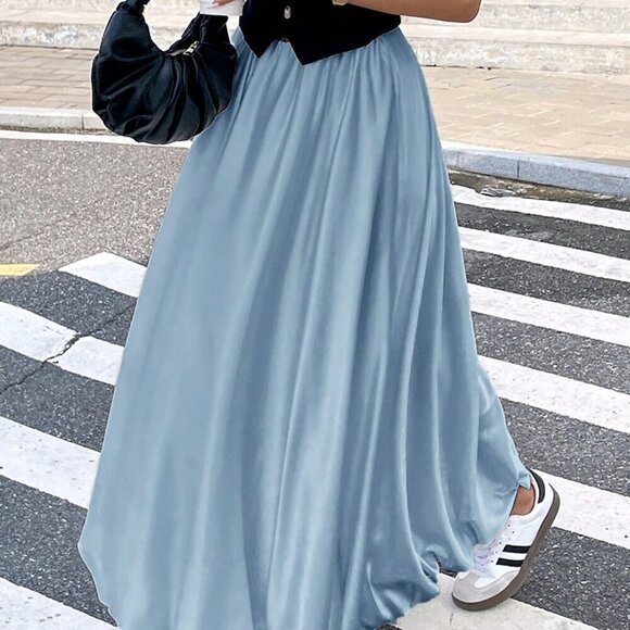 Dusty Blue Casual Women's Long Low Waist Flowy Elegant Skirt - Picture 3 of 11